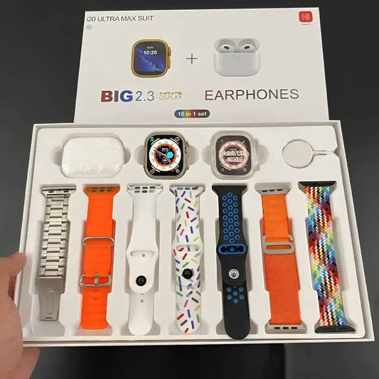 I20 Ultra Max Suit Smart Watch Price in Pakistan | 10 in 1 Box With AirPods