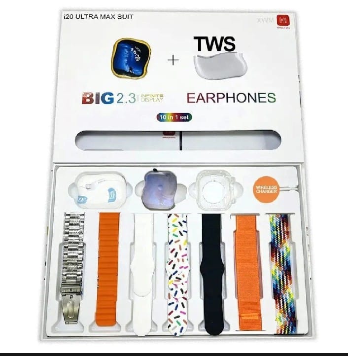 I20 Ultra Max Suit Smart Watch Price in Pakistan | 10 in 1 Box With AirPods