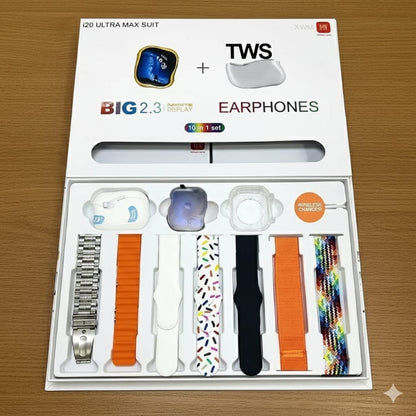 I20 Ultra Max Suit Smart Watch Price in Pakistan | 10 in 1 Box With AirPods