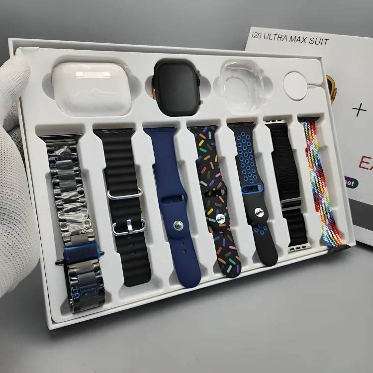 I20 Ultra Max Suit Smart Watch Price in Pakistan | 10 in 1 Box With AirPods